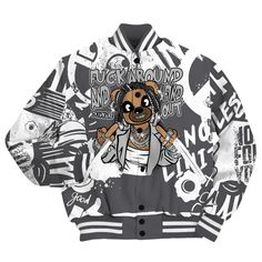 Brand Dunkare White Thunder 4s Shirt - Screw Around Bear Monogram Graffiti All Over Print Baseball Varsity Jacket Urban Style Graphic Print Varsity Jacket, Thunder 4s, American Graffiti, Varsity Jacket Men, Baseball Varsity Jacket, All Over Print, Varsity Jacket, Screw, Graffiti