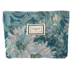 a blue and green flowered pouch with a tag on the front that says,