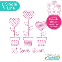 a set of three potted plants with hearts and the words, let love bloom