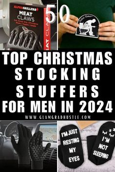 the top christmas stocking stuff items for men in 2014 are black and white, with text overlay