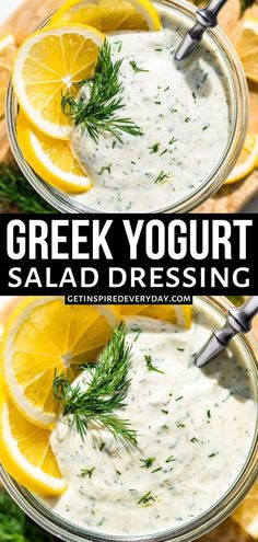 greek yogurt salad dressing with lemons and dill garnishes