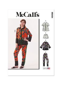 a woman in pajamas and jacket is standing next to the sewing pattern