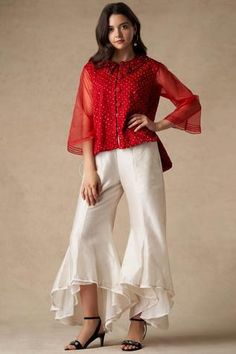 Shop for Twenty Nine Red Bandhani Silk Shirt for Women Online at Aza Fashions Bandhani Shirt, Tulip Pants, Backless Blouse Designs, White Flares, Backless Blouse, Embroidered Neckline, Indian Fashion Designers, Salwar Suit, Desert Recipes