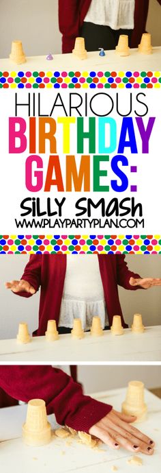 a person holding a sign that says hilarious birthday games silly smash