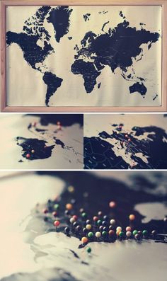 the world map with pins on it is shown in three different frames, and there are several