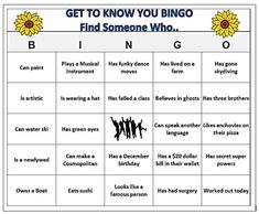 a game board with words that say, get to know you bingo find someone who