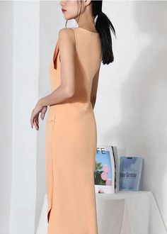 Organic Apricot side open Cotton asymmetrical design Summer Dress - SooLinen Spring Knee-length Midi Dress With Split Design, Fitted Sleeveless Midi Dress With Split Design, Knee-length Midi Dress With Side Slits, Solid Knee-length Midi Dress With Side Slits, Chic Midi Dress With Split Design And V-neck, Chic Midi Dress With V-neck And Split Design, Solid Color Midi Dress With Side Slits, Orange Tight-fit Dress With Asymmetrical Hem, Orange Fitted Dress With Asymmetrical Hem