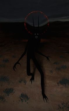 an alien standing in the middle of a desert at night with its eyes glowing red