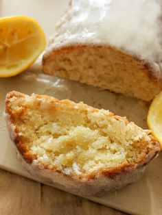 a loaf of lemon bread on a cutting board