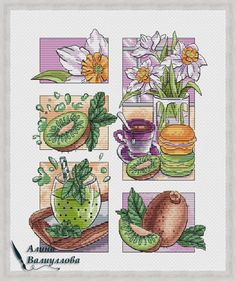 cross stitch pattern with flowers and fruits in vases on the table, along with other items