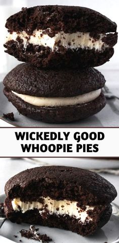 two chocolate cookies with ice cream on top and the words, wickedy good whoopie pies