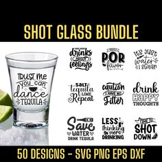 the shot glass bundle includes two shots, one with limes and three different sayings