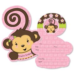 a pink and brown monkey themed birthday card