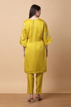 Mustard kurta with floral dori embroidery. Paired with coordinating pant and dupatta. - Aza Fashions Festive Straight Kurta Pant Set, Festive Fitted Straight Kurta Pant Set, Festive Fitted Pant Set With Straight Kurta, Fitted Silk Pant Set For Festivals, Festive Chanderi Fitted Pant Set, Fitted Chanderi Pant Set For Diwali, Festive Embroidered Sets With Straight Pants, Festive Pant Set With Straight Kurta, Self Design Pant Set For Navratri