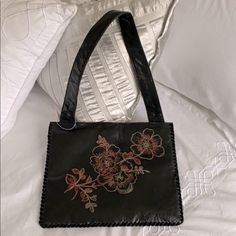 12”X10” Flat Sparkly Gold Red Embroidered Floral Pattern Chic Embroidered Shoulder Bag For Everyday, Chic Everyday Embroidered Shoulder Bag, Chic Embroidered Shoulder Bag For Shopping, Black Embroidered Everyday Satchel, Formal Embroidered Leather Shoulder Bag, Black Bag With Floral Embroidery For Everyday Use, Everyday Use Black Bag With Floral Embroidery, Leather Shoulder Bag With Floral Embroidery For Daily Use, Chic Embroidered Tote Shoulder Bag