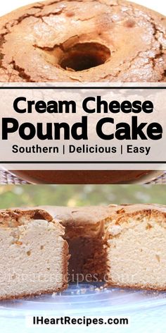 a cake that has been cut into pieces and is sitting on a plate with the words cream cheese pound cake