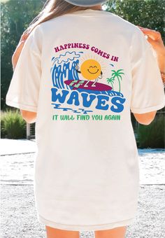 "\"Looking for a unique and inspiring gift? Look no further than our 'Happiness Comes In Waves' shirt! It's sure to brighten anyone's day.\" High quality and super soft, comfortable shirt. Made with top of the line vinyl and pressed with a professional grade heat press. 🕕Production Time 1-3 business day🕕 ✔Make sure you check our size-chart before you place your order. ➡️𝗛𝗢𝗪 𝗧𝗢 𝗢𝗥𝗗𝗘𝗥 ⬅️ 𝟏. Please, Check and Review all Photos. 𝟐. Select Your T-Shirt Size and T-Shirt Color from drop d White Vsco T-shirt With Text Print, White Vsco Style T-shirt With Text Print, Vsco Crew Neck T-shirt With Screen Print, Fun White T-shirt With Text Print, Fun White Print Text T-shirt, White Print Text T-shirt With Fun Style, Funny Print Vsco Crew Neck T-shirt, Funny Print Crew Neck Vsco T-shirt, Happiness Comes In Waves