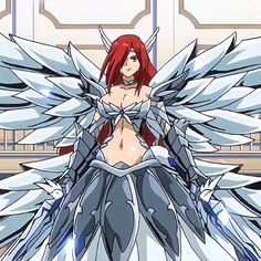 an anime character with red hair and angel wings