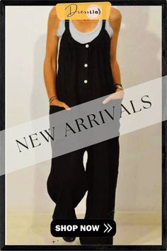 Casual Solid Split Joint U Neck Loose Jumpsuits Chic Summer Overalls With Buttons, Black Overalls With Buttons, Black Overalls And Rompers With Buttons, Black Jumpsuits And Rompers With Buttons, Casual Black Summer Overalls, Black Summer Workwear Overalls, Black Summer Overalls For Workwear, Non-stretch Summer Workwear Overalls, Black Relaxed Fit Jumpsuits And Rompers For The Beach