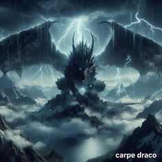 a large dragon sitting on top of a mountain in the rain with lightning behind it