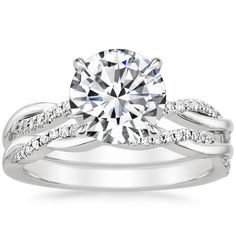 a white gold engagement ring set with a round diamond center and two rows of diamonds on the band