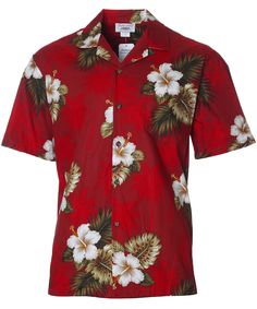 100% Cotton Fabric Open Pointed Folded Collar Coconut Shell Buttons Matching Left Pocket Colors: Red, Navy, Black Sizes: S - 3XL Care: Machine Wash Cold, Cool Iron Made in Hawaii - USA Red Tropical Print Short Sleeve Hawaiian Shirt, Red Hawaiian Shirt With Tropical Print, Red Tropical Hawaiian Shirt With Short Sleeves, Red Printed Hawaiian Shirt For Beach, Red Printed Hawaiian Shirt For The Beach, Hawaiian Short Sleeve Top For Holiday, Red Hawaiian Relaxed Fit Top, Hawaiian Holiday Top With Short Sleeves, Red Tropical Print Hawaiian Shirt