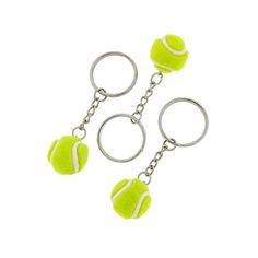 two tennis balls are attached to key chains