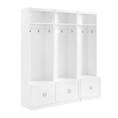 a white shelf with three drawers and hooks