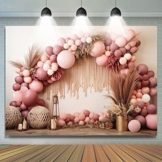 an image of a backdrop with balloons and flowers on the wall in front of it