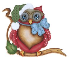 an owl wearing a santa hat and scarf sitting on a branch