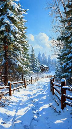 a painting of a snowy path leading to a cabin