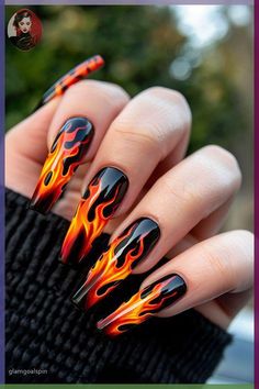 Before you think that easy nail designs are doomed to look cheap, let us show you some magnificent ideas you can do in just three steps. No one will guess it’s DIY! Red And Orange Flame Nails, Orange Flames Nails, Acrylic Nails Fire Design, Nail Designs With Flames, Fire Flame Nail Design, Flame Art Nails, Red Fire Nails Designs, Black Fire Nails Designs, Fire Inspired Nails