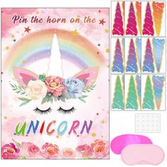 unicorn party supplies including eye mask, nose ring and stickers for children's birthdays