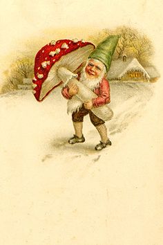 an old - fashioned christmas card with a gnome holding an umbrella