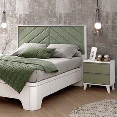 a bedroom with a bed, night stand and nightstands in the middle of it