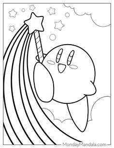 a cartoon character flying through the sky with a star on his head and rainbow in the background