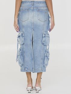 Cargo midi skirt in sky blue cotton denim. It features zip and button closure, multi-pocket design, belt loops and The Attico logo embroidered at the back. Regular fit. The model is 180cm tall and wears size 26.Size nationality: US Product number: 35704336 Product code: WCS189D073024 Composition: 100% cotton Spring Denim Skirt With Patch Pockets, Denim Blue Cargo Skirt For Spring, Denim Cargo Skirt For Spring, Spring High-rise Cargo Skirt With Pockets, Spring High Rise Cargo Skirt With Pockets, Spring Denim Blue Skirt With Side Pockets, Denim Blue Denim Skirt With Cargo Pockets, Spring Denim Blue Skirt With Cargo Pockets, High Rise Denim Skirt With Side Pockets