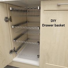 an open cabinet with shelves and wire baskets on the bottom, labeled diy drawer basket