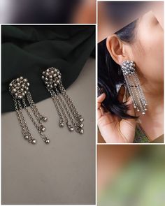 SAVE MORE OFFER BUY ANY 3 ITEMS GET 25% FLAT DISCOUNT COUPON CODE: SAVE25 BUY ANY 6 ITEMS GET 30% FLAT DISCOUNT COUPON CODE: SAVE50 Afghani Style Ghungroo Long Earrings made with high quality of silver oxidized, Antique Finish, Ghungroo (Bib) and base is copper to maintain the finish long lasting, Also Black Polish make it perfect for stunning look while pair up them with any Indian or western wear. Length 4" Inches approx Width 2.5" Inches approx OCCASION: Wedding, Marriages, Casual, Party Wear, Engagement, Daily Wear. FEATURES Ghungroo Tassel Style Long Earrings Stud Earrings Bib Look Trendy Earring Antique traditional Look oxidized Silver Polish Afghani Style Traditional Boho Hippie Style Banjara Jewelry Black Polish Ghungroo Style Jhumka Ethnic Jewelry Bollywood Style Afghani Look Ethn Traditional Boho, Long Earring, Bollywood Style, Jewelry Antique, Black Polish, Style Noir, Trendy Earrings, Antique Earrings, Ethnic Jewelry