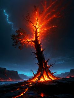 a tree that is standing in the middle of some rocks and water with fire coming out of it