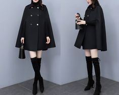 * A cool wool cape coat, very elegant. * With double breasted gold buttons, very beautiful. * If you want black buttons, please let us know, thanks. * Material: out shell - 50% wool, 50% polyester; lining - 100% polyester * Care: dry cleanable * Shop sizing chart FYI ( made according to US sizing. actual body figures, not laying flat clothes measurements) Size XS (US 2, UK 6, German 32, French 34, ) Bust: fits bust around 33.5 inches/85cm Waist: fits waist around 26 inches/66cm Hips: fits hips a Wool Cloak, Wool Cape Coat, Shawl Winter, Cloak Coat, Grey Poncho, Poncho Coat, Poncho Jacket, Cape Jacket