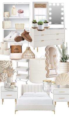 a collage of white furniture and accessories including a bed, dresser, mirror, potted plant