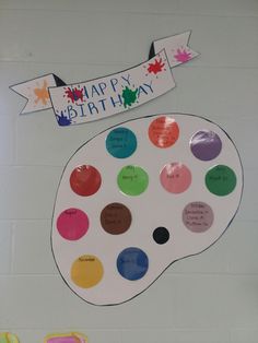 a happy birthday sign with lots of paint colors on it and a paper banner hanging from the wall