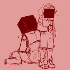 a drawing of a person with a book on their head standing next to a backpack