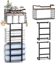 three shelves with towels and other items on them