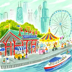 Downtown Chicago Navy Pier illustration detail with Chicago skyline; artwork by Angela Staehling Lodge Illustration, Pier Illustration, Chicago Drawing, Chicago Illustration, Chicago Art Print, Chicago Christmas, Navy Pier Chicago, Skyline Artwork