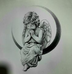 an angel sitting on top of a crescent