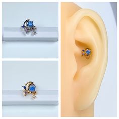 three different views of ear piercings with blue stones