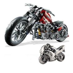 the motorcycle is made out of legos and has gears on it's front wheel