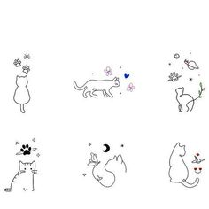 several cats and dogs are drawn in different ways on a white background with black ink